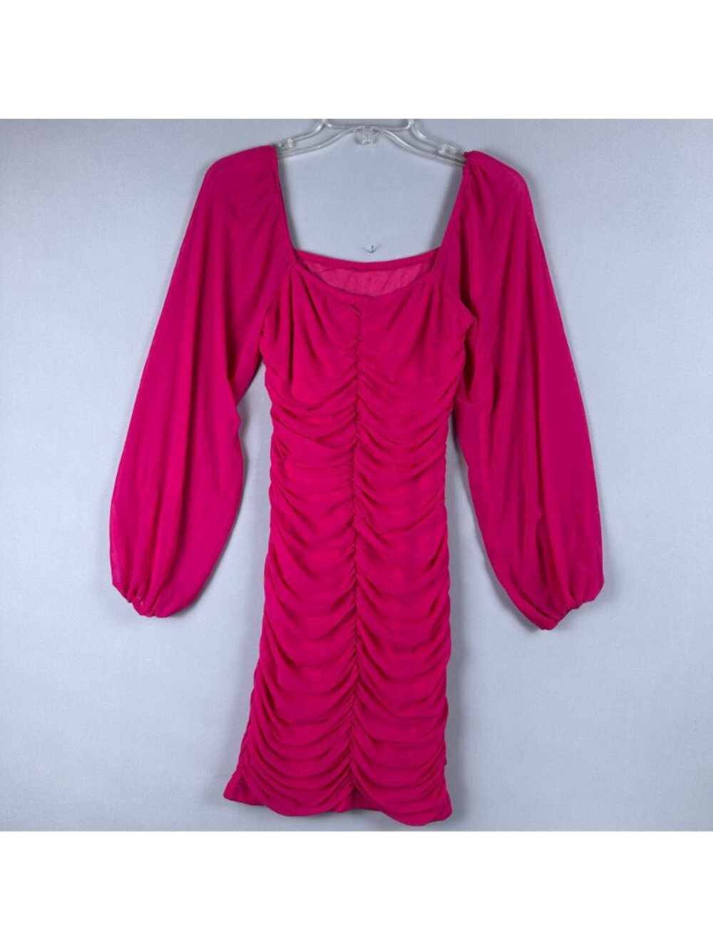 Fashion Womens Ruched Bodycon Mini Cocktail Dress Size M Puff Sleeve Hot Pink - Picture 6 of 14